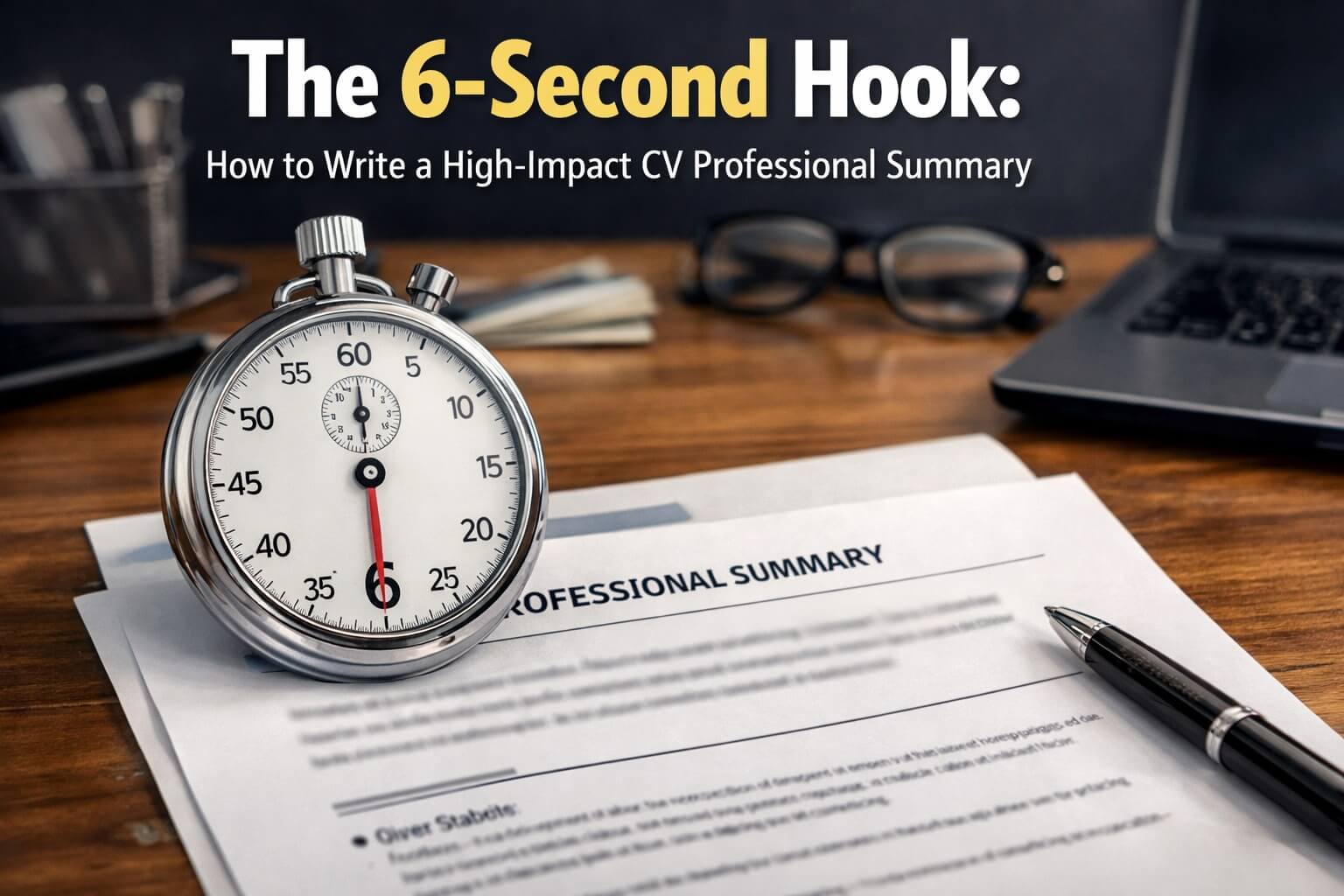 CV Professional Summary. A professional desk setup featuring a stopwatch pointing to the 6-second mark resting on a printed CV with the heading "Professional Summary" and a pen.