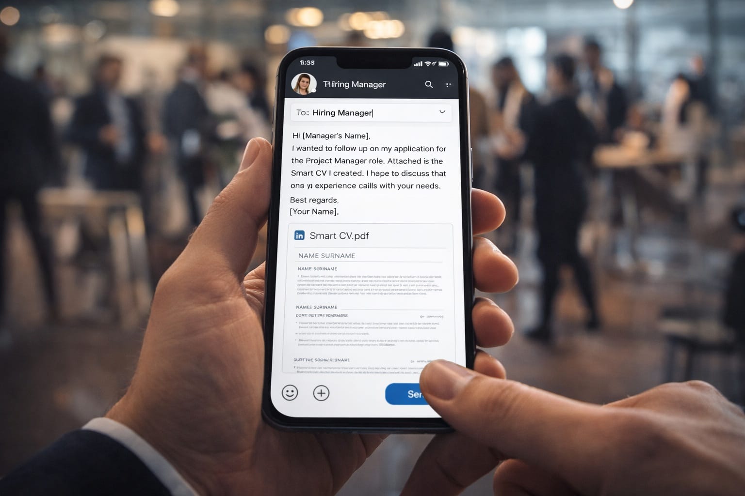 The Hidden Job Market: Using Your CV for Direct Networking in 2026. A hand holding a smartphone showing a sent LinkedIn message to a hiring manager with a Smart CV attachment in a professional office setting.