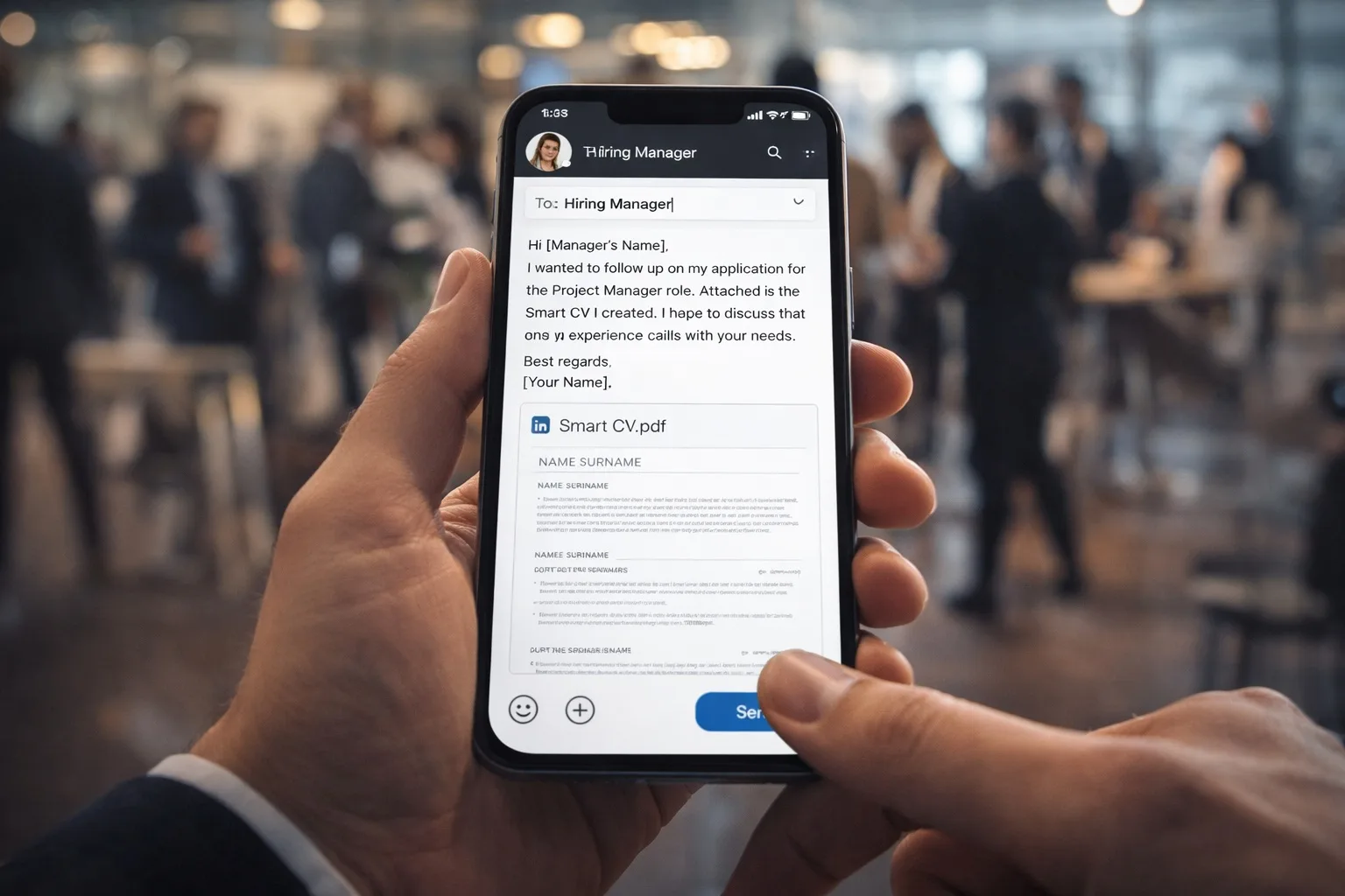 The Hidden Job Market: Using Your CV for Direct Networking in 2026. A hand holding a smartphone showing a sent LinkedIn message to a hiring manager with a Smart CV attachment in a professional office setting.