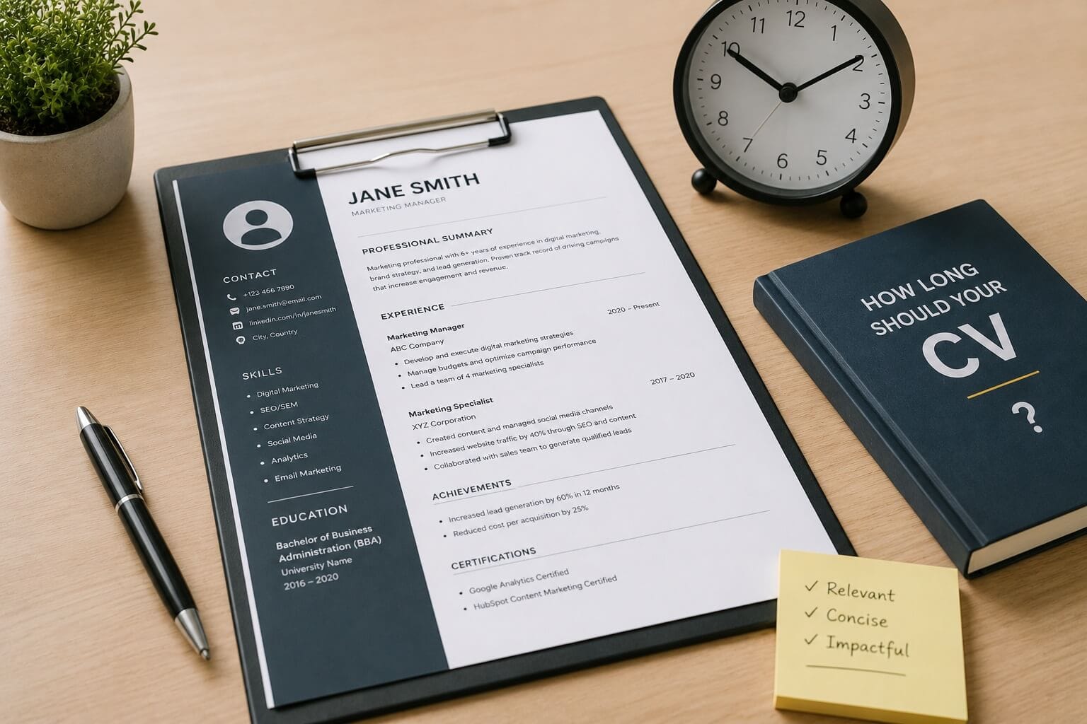 how long should a cv be, resume sitting on a desk