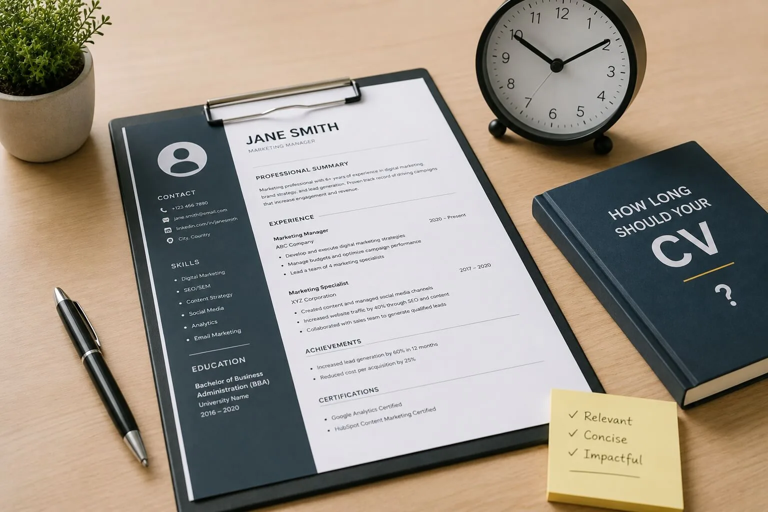 how long should a cv be, resume sitting on a desk