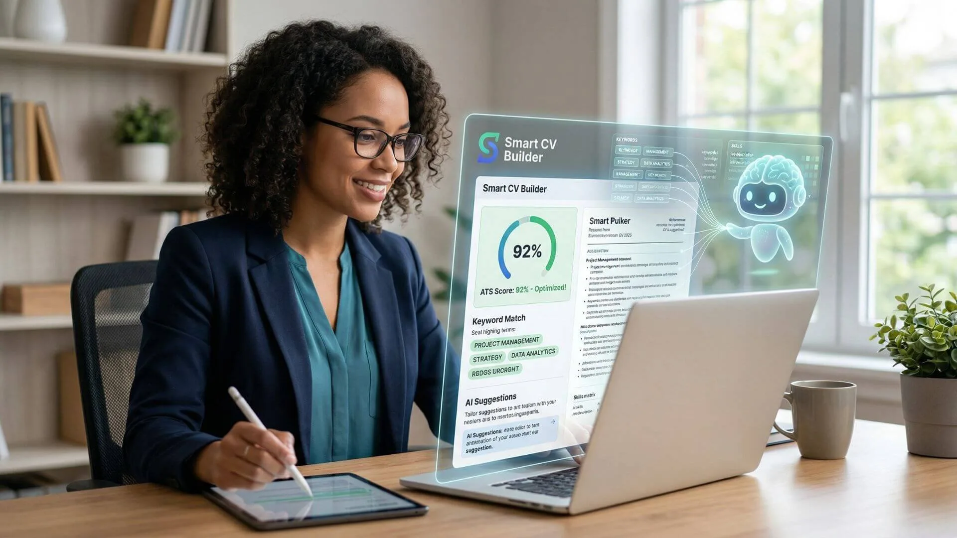 Smart CV Builder Uses AI cv builder. A professional woman looking at a laptop screen displaying a 78% CV ATS score with green "Improved" growth arrows and a list of actionable optimization tips for a Digital Marketing role.