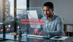 A focused professional man sits at a modern glass desk, reacting with frustration and disappointment to a futuristic, transparent digital display showing his resume (CV) marked by an Applicant Tracking System (ATS). Overlaid across the CV in bold red digital text are the clear indicators of automated rejection: "REJECTED BY ALGORITHM" and "FAILED AUTOMATED SCREENING." Below the main headers, specific feedback points highlight why the CV failed, including "Keyword Match: 3/10," "Format: Incompatible," and "Score: LOW," emphasizing the algorithmic failure before human review. A large, glowing red 'X' and complex data visualizations further visualize the machine filtering process. The background is a gently blurred, high-rise city view at twilight, framing the isolated frustration of the applicant in the late afternoon.