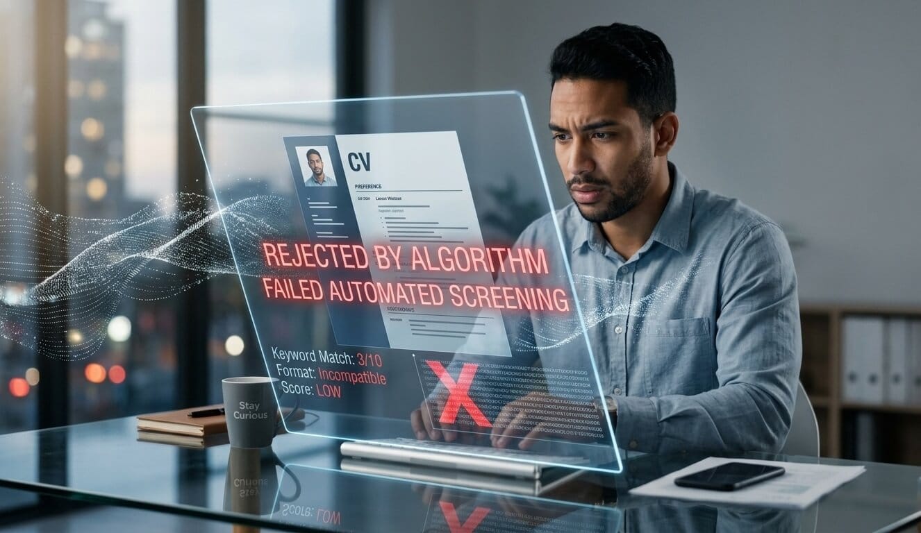 A focused professional man sits at a modern glass desk, reacting with frustration and disappointment to a futuristic, transparent digital display showing his resume (CV) marked by an Applicant Tracking System (ATS). Overlaid across the CV in bold red digital text are the clear indicators of automated rejection: "REJECTED BY ALGORITHM" and "FAILED AUTOMATED SCREENING." Below the main headers, specific feedback points highlight why the CV failed, including "Keyword Match: 3/10," "Format: Incompatible," and "Score: LOW," emphasizing the algorithmic failure before human review. A large, glowing red 'X' and complex data visualizations further visualize the machine filtering process. The background is a gently blurred, high-rise city view at twilight, framing the isolated frustration of the applicant in the late afternoon.
