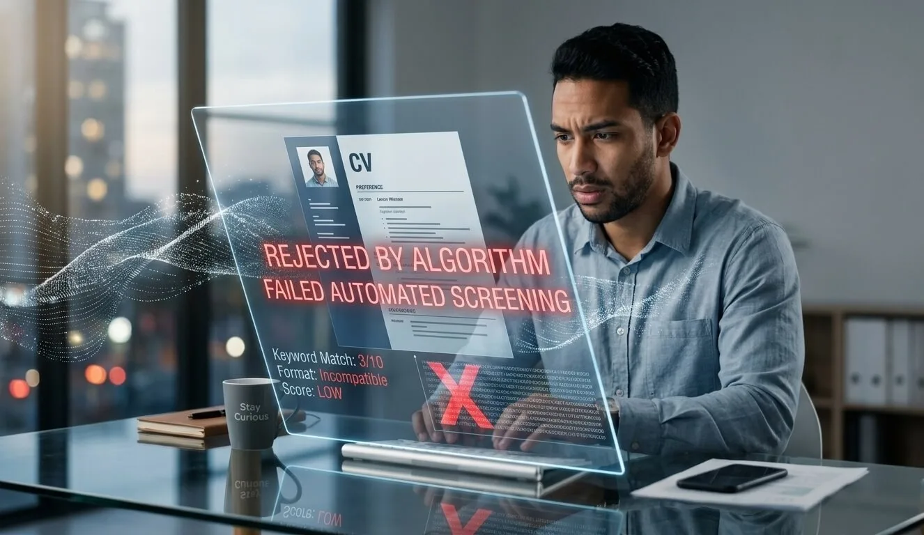 A focused professional man sits at a modern glass desk, reacting with frustration and disappointment to a futuristic, transparent digital display showing his resume (CV) marked by an Applicant Tracking System (ATS). Overlaid across the CV in bold red digital text are the clear indicators of automated rejection: "REJECTED BY ALGORITHM" and "FAILED AUTOMATED SCREENING." Below the main headers, specific feedback points highlight why the CV failed, including "Keyword Match: 3/10," "Format: Incompatible," and "Score: LOW," emphasizing the algorithmic failure before human review. A large, glowing red 'X' and complex data visualizations further visualize the machine filtering process. The background is a gently blurred, high-rise city view at twilight, framing the isolated frustration of the applicant in the late afternoon.