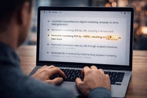 The X-Y-Z Formula. A close-up of a laptop screen where a CV bullet point is being edited to include quantified results like 45% growth and 1.2 million dollars in revenue.