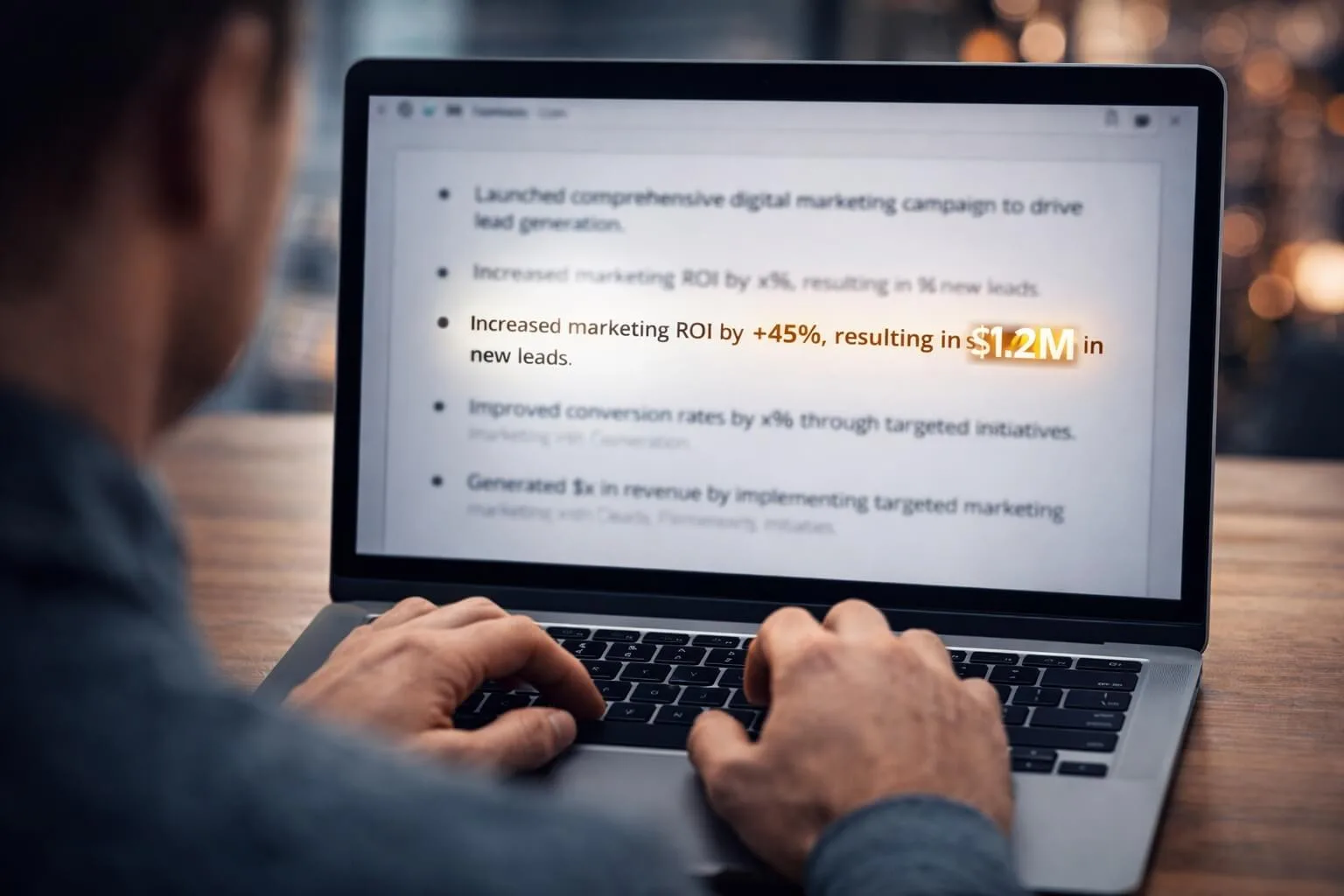 The X-Y-Z Formula. A close-up of a laptop screen where a CV bullet point is being edited to include quantified results like 45% growth and 1.2 million dollars in revenue.