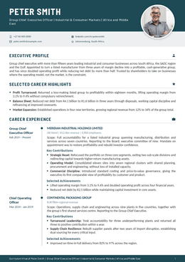 Azure executive CV design specimen, first page
