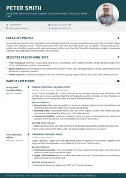 Azure executive CV design specimen, first page