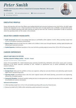 Hanover executive CV design specimen, first page