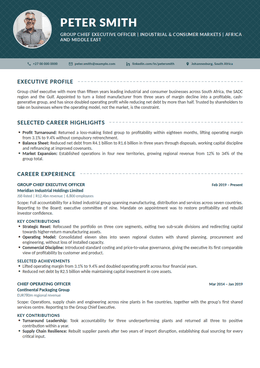 Column executive CV design specimen, first page