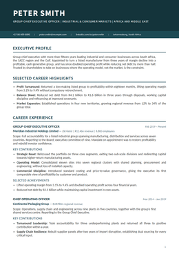Minimal executive CV design specimen, first page