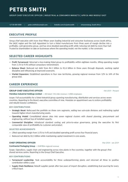 Minimal executive CV design specimen, first page