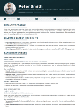 Blue executive CV design specimen, first page