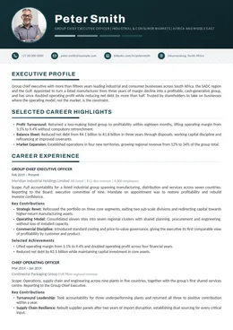 Blue executive CV design specimen, first page
