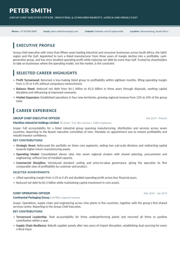 Linear executive CV design specimen, first page
