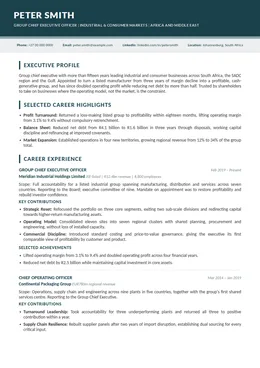 Linear executive CV design specimen, first page