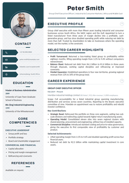 Cobalt executive CV design specimen, first page