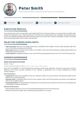 Ivory executive CV design specimen, first page