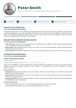 Ivory executive CV design specimen, first page