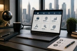 Executive job search websites shown as a grid of platform cards on a laptop in a city-view office