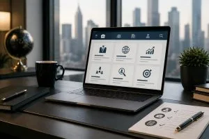 Executive job search websites shown as a grid of platform cards on a laptop in a city-view office