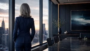 Women in executive leadership transition: a senior woman in a dark suit standing at the window of an empty boardroom at dusk, city skyline beyond, the boardroom table and chairs unoccupied behind her