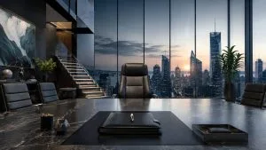 How to become a C-level executive: an empty leather chair at the head of a dark boardroom table, with a city skyline at sunset through floor-to-ceiling windows
