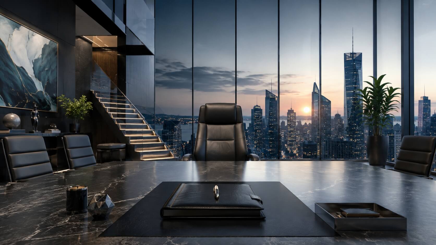 How to become a C-level executive: an empty leather chair at the head of a dark boardroom table, with a city skyline at sunset through floor-to-ceiling windows
