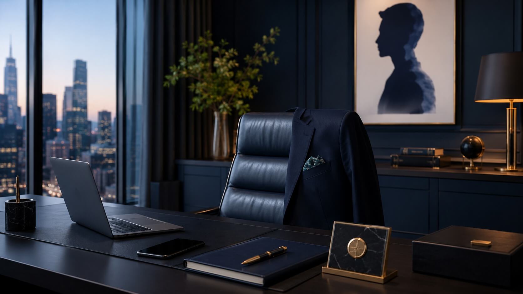 Personal branding for executives: a dark corner office at dusk, a suit jacket over the chair, a laptop and notebook on the desk, and a framed silhouette portrait on the wall