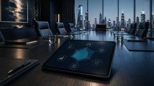 Executive skills 2026: an empty boardroom at dusk with a board skills matrix shown as a radar chart of capabilities on a tablet