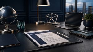 How to write an executive CV: a printed CV resting in a leather folder on a dark executive desk at dusk, with a globe, a laptop and a city skyline beyond