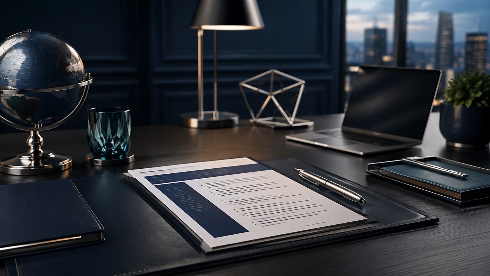 How to write an executive CV: a printed CV resting in a leather folder on a dark executive desk at dusk, with a globe, a laptop and a city skyline beyond