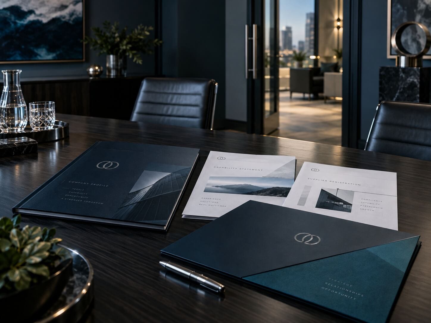 Corporate profile and capability statement documents on a boardroom table
