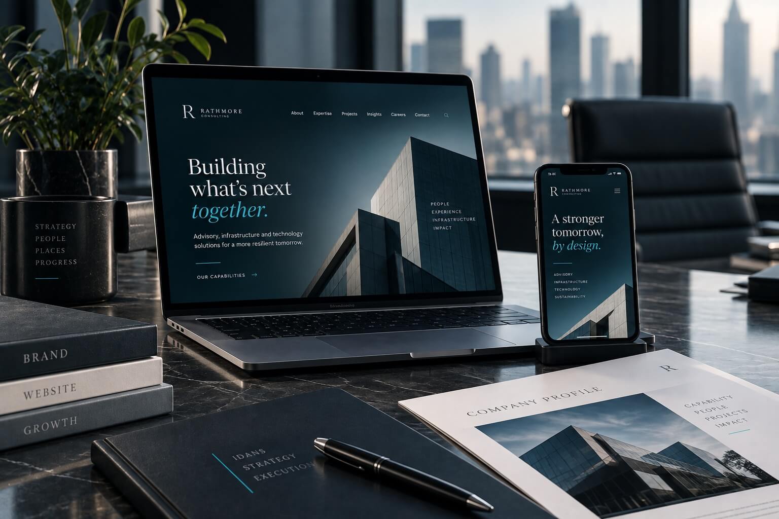 Corporate website designs displayed on a laptop and phone